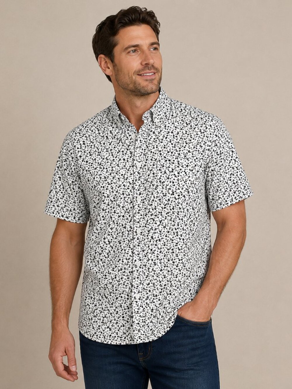 Denim & Flower Men's L Short Sleeve Button Shirt White Navy Floral